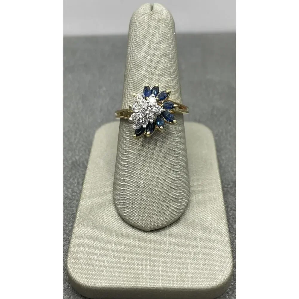 14K Yellow Gold Diamond & Blue Stone Cluster Wave Ring (21886)
